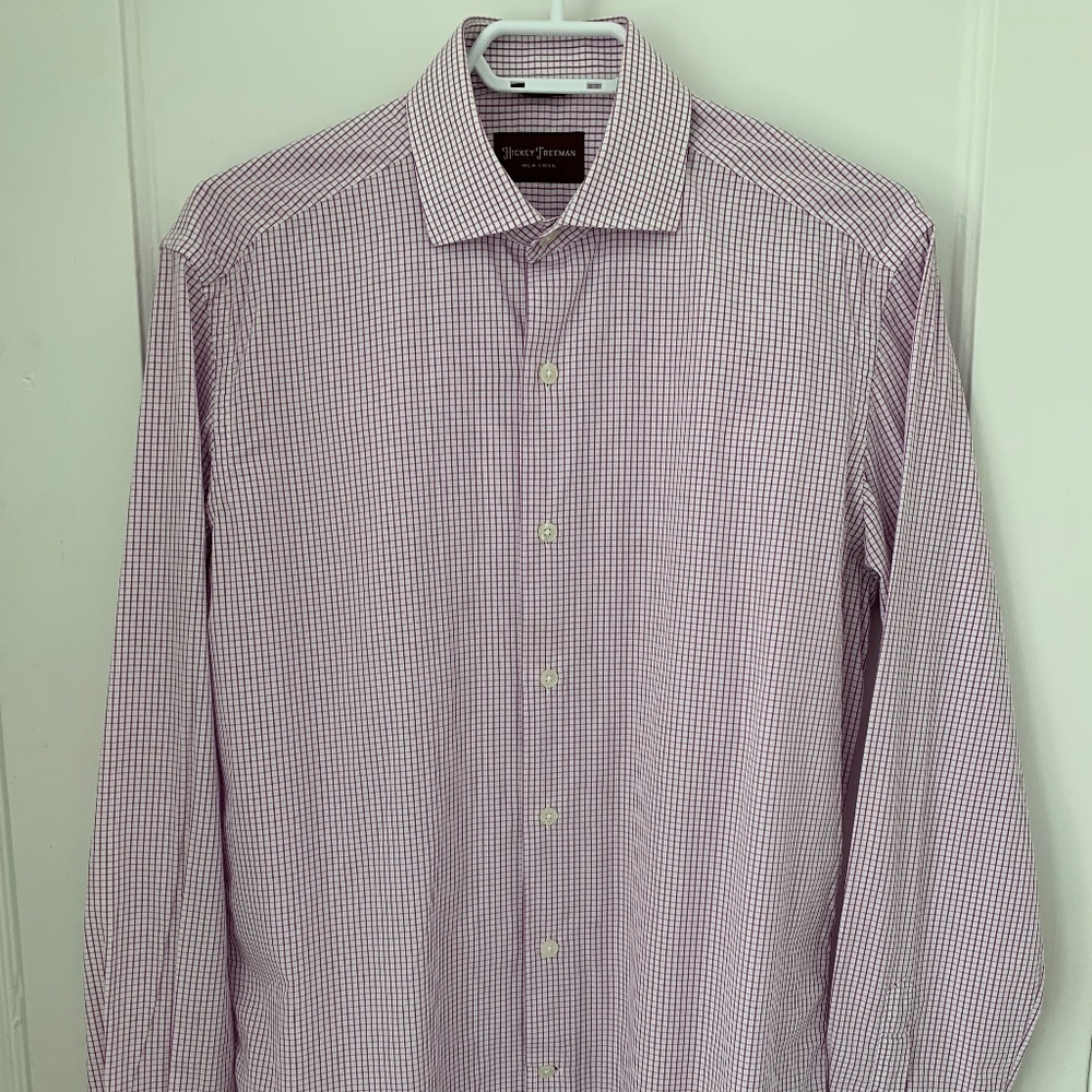 Hickey Freeman Men's Dress Shirt Pink Check Size 15.5" M